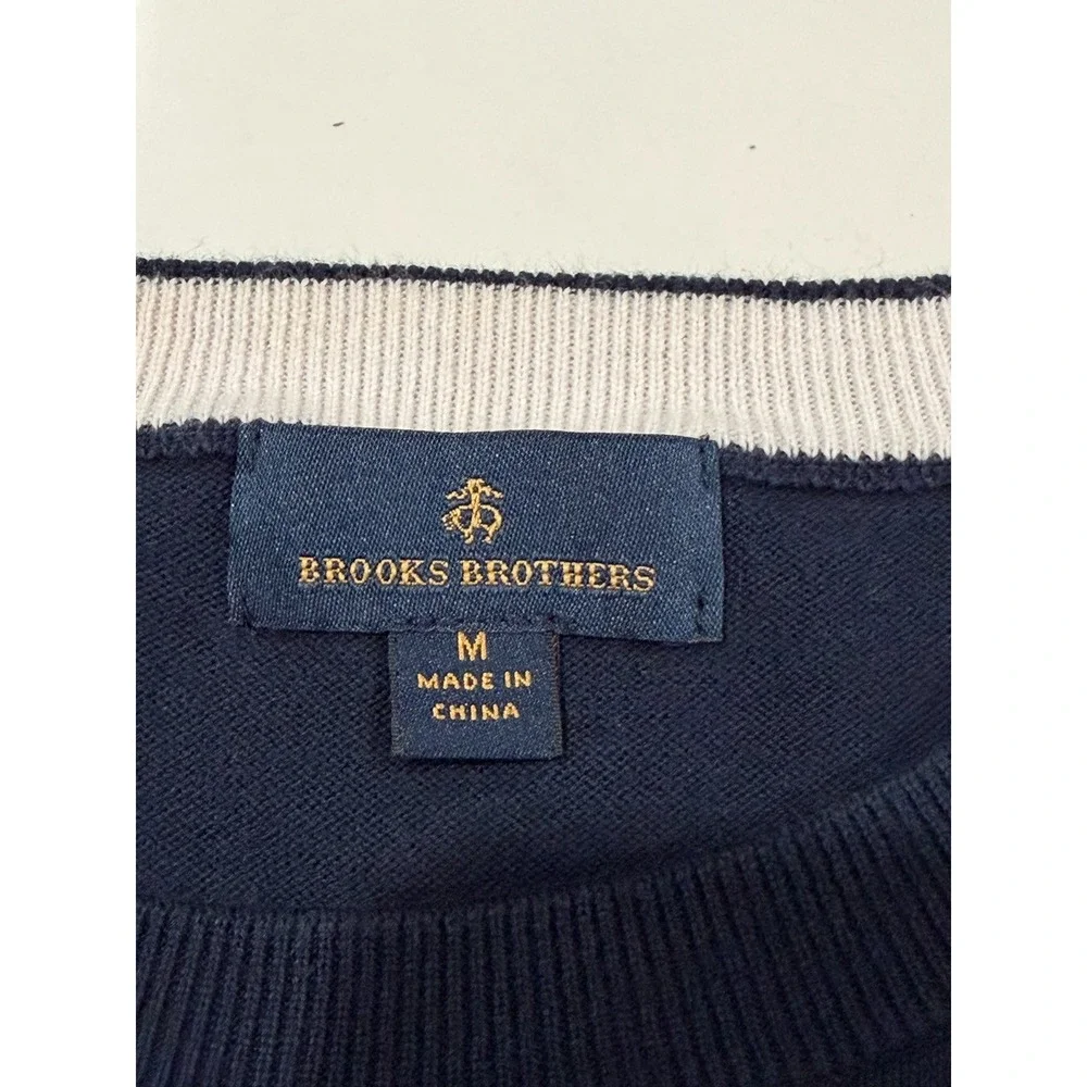 Brooks Brothers Mens Navy Blue Red Striped Combed Cotton Crewneck Sweater Size M